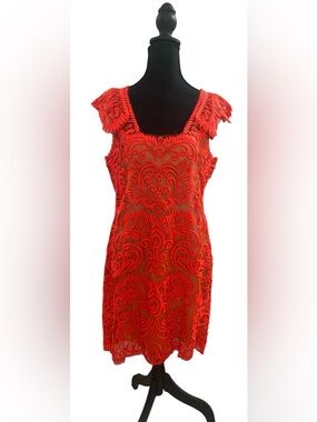 Yoana Baraschi Anthropologie Orange Lace Appliqué Silk Dress, Rochelle Humes, 12